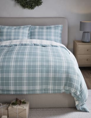 

M&S Collection Pure Brushed Cotton Checked Bedding Set - Blue Mix, Blue Mix