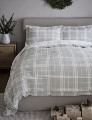 

M&S Collection Pure Brushed Cotton Checked Bedding Set - Grey Mix, Grey Mix