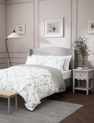 M&S Pure Cotton Sateen Trailing Cherry Blossom Bedding Set - SGL - Cranberry, Cranberry,Pink Mix,Gre