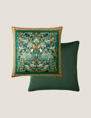 William Morris At Home Velvet Peacock & Bird Cushion - Saffron Mix, Saffron Mix