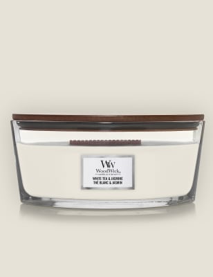 Woodwick White Tea & Jasmine Scented Candle with Crackle Wick, White