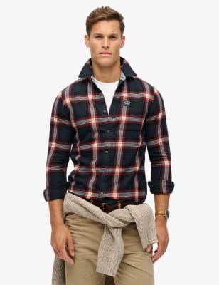 Superdry Men's Pure Cotton Check Flannel Shirt - M - Navy, Navy,Green Mix,Orange Mix,Khaki Mix