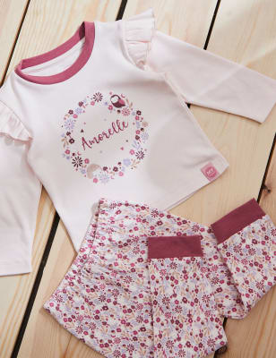 My 1St Years Girls Personalised Pink Floral Frill Pyjama Set (0-6 Yrs) - 2-3 Y, Pink