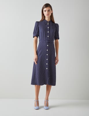 Lk Bennett Women's Polka Dot Midi Shirt Dress - 12 - Navy Mix, Navy Mix