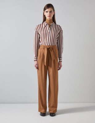 Lk Bennett Women's Striped Pleat Front Belted Wide Leg Trousers - 8 - Chocolate, Chocolate