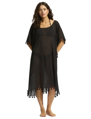 Seafolly Women's Amnesia Pure Cotton Tassel Trim Kaftan Beach Dress - Black, Black