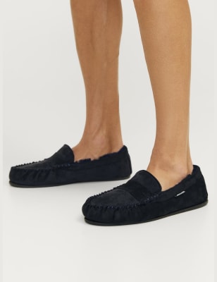 Jack & Jones Men's Leather Moccasin Slippers - 9 - Navy, Navy,Brown,Tan