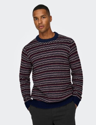 Only & Sons Men's Cotton Rich Patterned Crew Neck Jumper - L - Navy, Navy,Burgundy