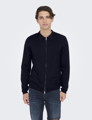 Only & Sons Men's Zip Up Jumper - L - Navy, Navy,Burgundy