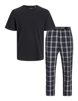 Jack & Jones Men's Pure Cotton Checked Pyjama Set - L - White Mix, White Mix