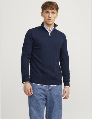 Jack & Jones Men's Cotton Rich Half Zip Jumper - Navy, Beige,Navy,Dark Grey,Green