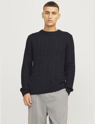 Jack & Jones Men's Cotton Blend Textured Crew Neck Jumper - Beige, Navy,Beige