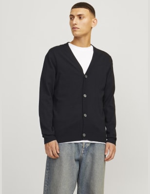 Jack & Jones Men's Cotton Rich V-Neck Cardigan - XL - Black, Black