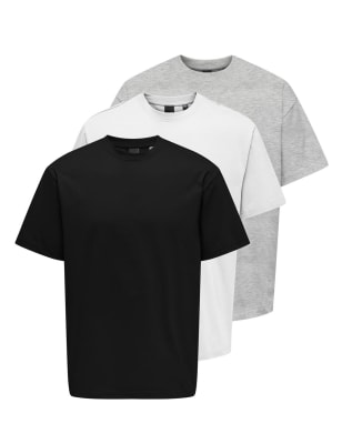 Only & Sons Men's 3pk Pure Cotton Crew Neck T-Shirts - L - Black Mix, Grey Mix,Black Mix,Khaki Mix