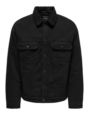 Only & Sons Men's Pure Cotton Borg Lined Jacket - S - Black, Black