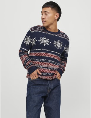 Jack & Jones Men's Cotton Rich Christmas Jumper - Navy, Navy