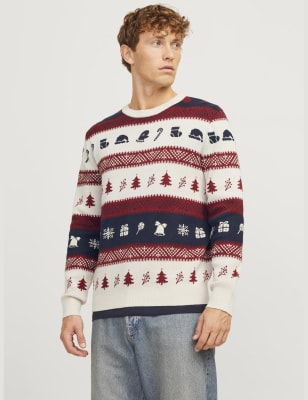 Jack & Jones Men's Cotton Rich Crew Neck Christmas Jumper - White Mix, White Mix