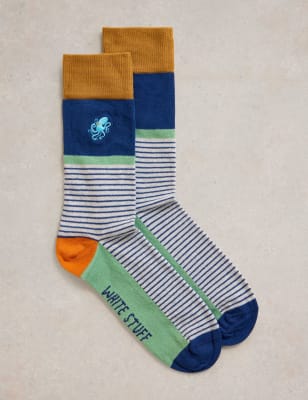 White Stuff Men's Embroidered Octopus Pure Cotton Socks - 7-9 - Blue Mix, Blue Mix