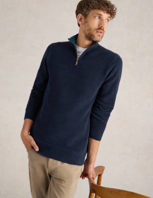 White Stuff Men's Pure Cotton Textured Half Zip Jumper - S - Navy, Navy,Green