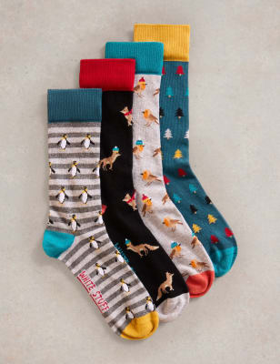 White Stuff Men's 4pk Christmas Animal Cotton Rich Socks - 10-12 - Navy Mix, Navy Mix