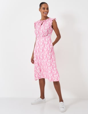 Crew Clothing Women's Floral Tie Neck Midi Tea Dress - 12 - Pink Mix, Pink Mix,Green Mix