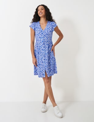 Crew Clothing Women's Jersey Floral V-Neck Knee Length Tea Dress - 18 - Blue Mix, Blue Mix