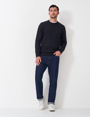 Crew Clothing Men's Pure Cotton Cable Crew Neck Jumper - Grey Marl, Dark Navy,Grey Marl