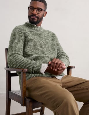 Seasalt Cornwall Men's Lambswool Rich Ribbed Crew Neck Jumper - Green Mix, Green Mix