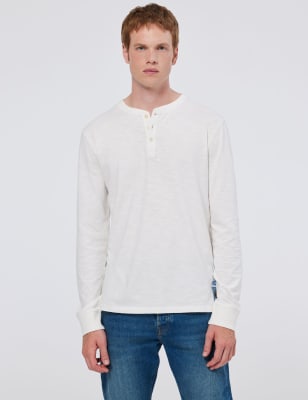 Scotch & Soda Men's Pure Cotton Henley Long Sleeve T-Shirt - XL - White, White