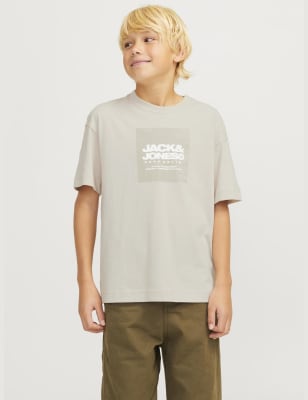 Jack & Jones Junior Boys Cotton Blend Logo Print T-Shirt (8-16 Yrs) - 12y - Green Mix, Green Mix,Cre