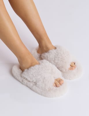 Boux Avenue Women's Faux Fur Crossover Slider Slippers - 5-6 - Pink, Pink,Beige