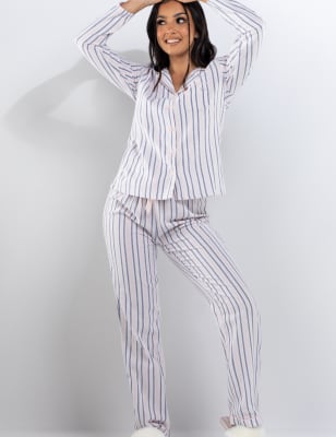 Boux Avenue Women's Pure Cotton Striped Pyjama Set With Gift Bag - 18 - Blue Mix, Blue Mix