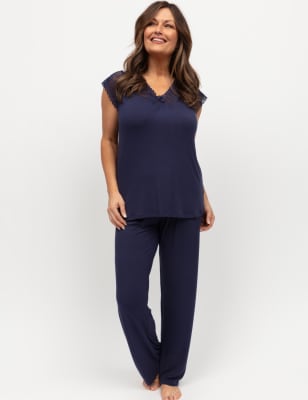 Cyberjammies Women's Jersey Lace Detail Pyjama Set - 10 - Navy, Navy