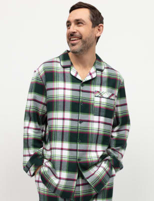 Cyberjammies Men's Family Pure Cotton Checked Pyjama Top - Green Mix, Green Mix