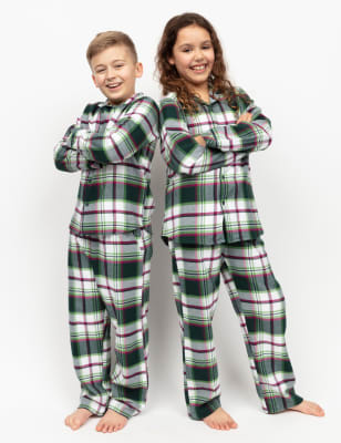 Cyberjammies Kid's Family Pure Cotton Checked Pyjamas (2-13 Yrs) - 6-7 Y - Green Mix, Green Mix