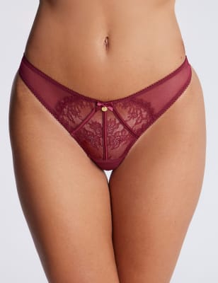 Boux Avenue Women's Rhea Mesh & Lace Thong - 18 - Dark Red, Dark Red