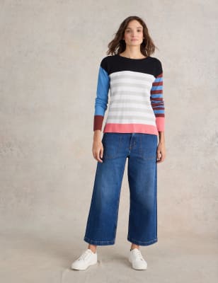 White Stuff Women's Cotton Rich Striped Crew Neck Jumper - 14 - Blue Mix, Blue Mix