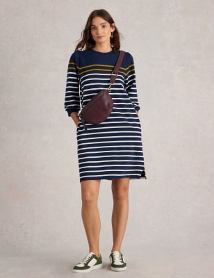 White Stuff Women's Pure Cotton Striped Mini T-Shirt Dress - 12 - Navy Mix, Navy Mix