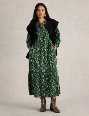 White Stuff Women's Pure Cotton Printed Tie Neck Relaxed Dress - 12REG - Green Mix, Green Mix