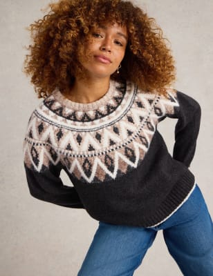 White Stuff Women's Lambswool Blend Fairisle Crew Neck Jumper - 12 - Black Mix, Black Mix