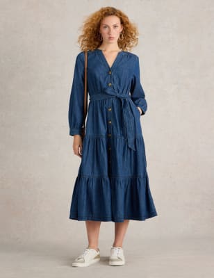 White Stuff Women's Denim Notch Neck Belted Midi Tiered Dress - 16REG - Med Blue Denim, Med Blue Den