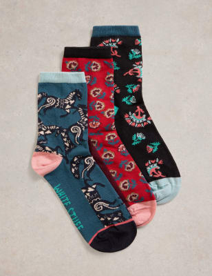 White Stuff Women's 3pk Floral Cotton Rich Socks - 3-5 - Teal Mix, Teal Mix