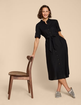 White Stuff Women's Linen Rich Button Through Midi Shirt Dress - 10 - Black, Black