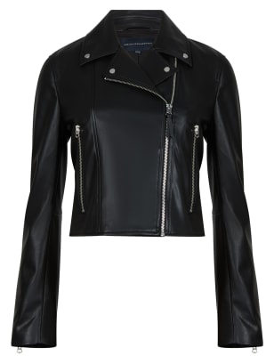 French Connection Women's Faux Leather Cropped Biker Jacket - M - Black, Black