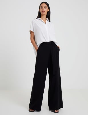 French Connection Women's Belted Relaxed Wide Leg Trousers - 12 - Black, Black