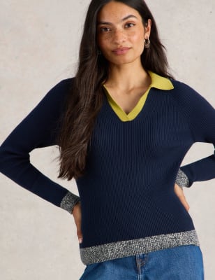 White Stuff Women's Pure Cotton Ribbed Collared Jumper - 10 - Navy Mix, Navy Mix