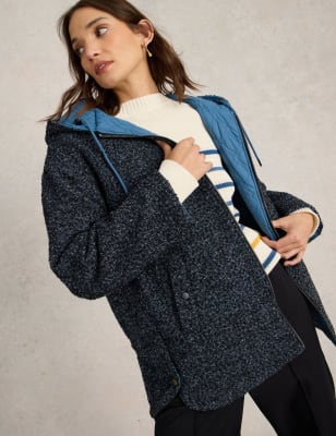 White Stuff Women's Wool Blend Reversible Quilted Coat - 16 - Blue Mix, Blue Mix