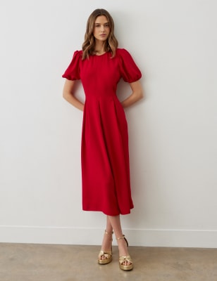 Finery London Women's Stain Crepe Puff Sleeve Midi Tea Dress - 16REG - Red, Red