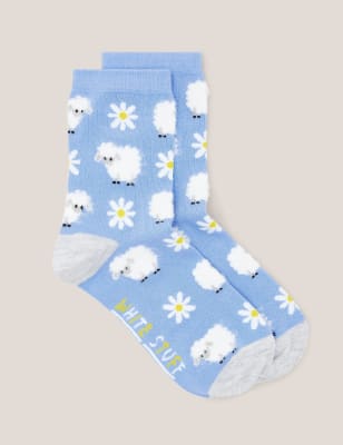 White Stuff Women's Cotton Rich Fluffy Sheep Ankle High Socks - 6-8 - Blue Mix, Blue Mix