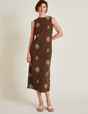 Monsoon Women's Linen Blend Embroidered Midi Column Dress - 10 - Brown Mix, Brown Mix